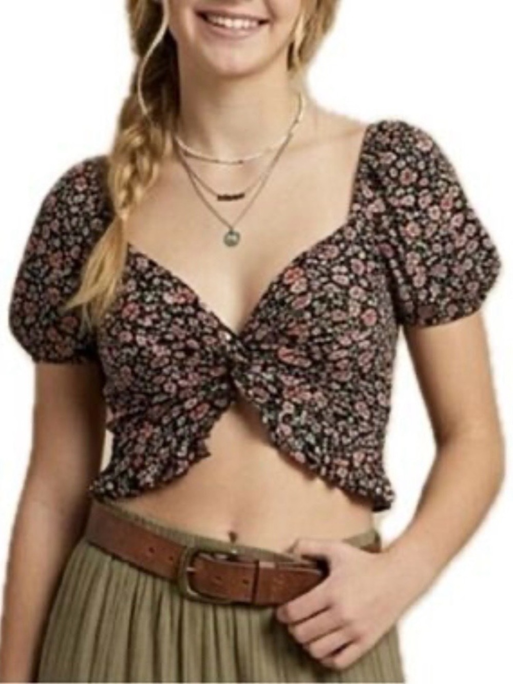 Altar'd State Black Floral Tie-Front Crop Top with Pink & Coral Flowers